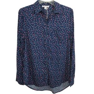 NWT Beachlunchlounge Alanna Shirt Heart Love Print Blue Size Small Button Down